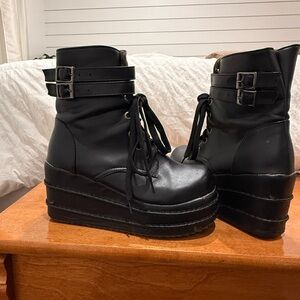 Black Platform Lace-Up Ankle Boots with Buckle Straps